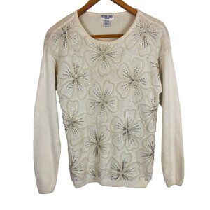 Vtg 80s Victoria Jones Knit Crewneck Sweater P Medium Floral Faux Pearl Beaded